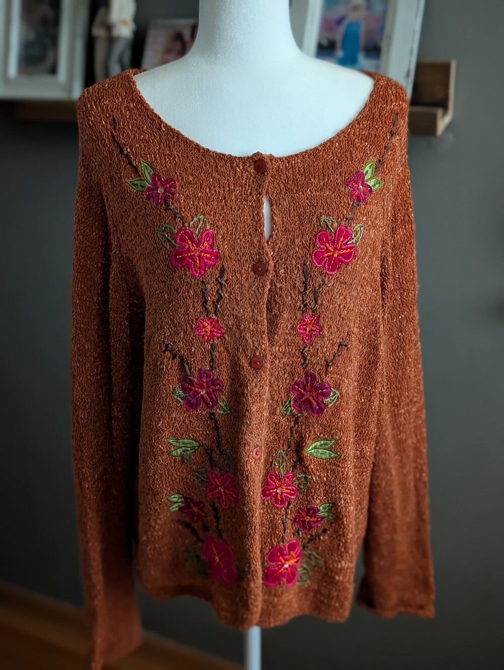 Vintage 90s Orange Floral Embroidered Cardigan Fall Autumn Grandmacore Size XL
